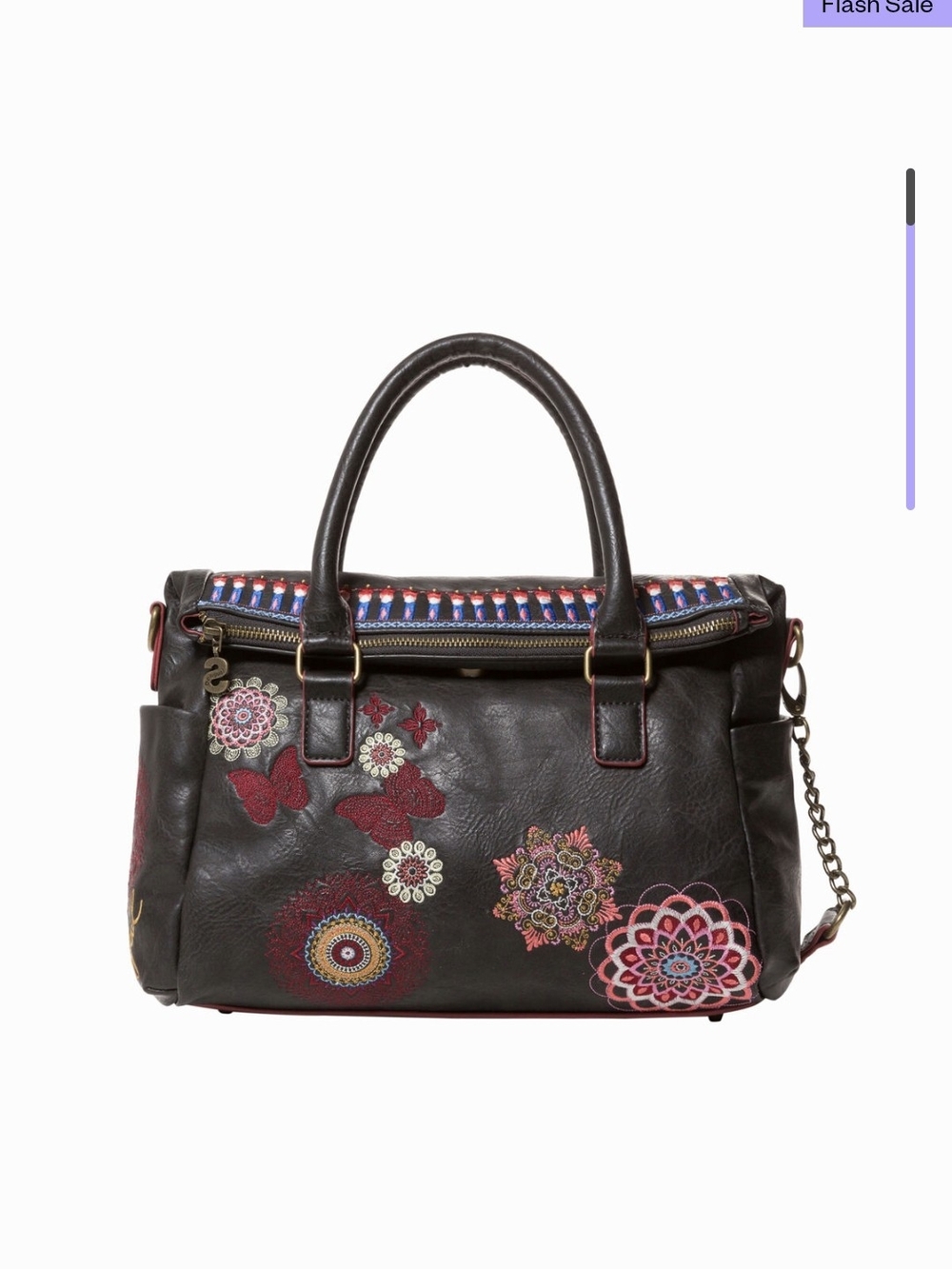 Desigual Dark Brown Satchel with Multicolor Embroidered Motifs